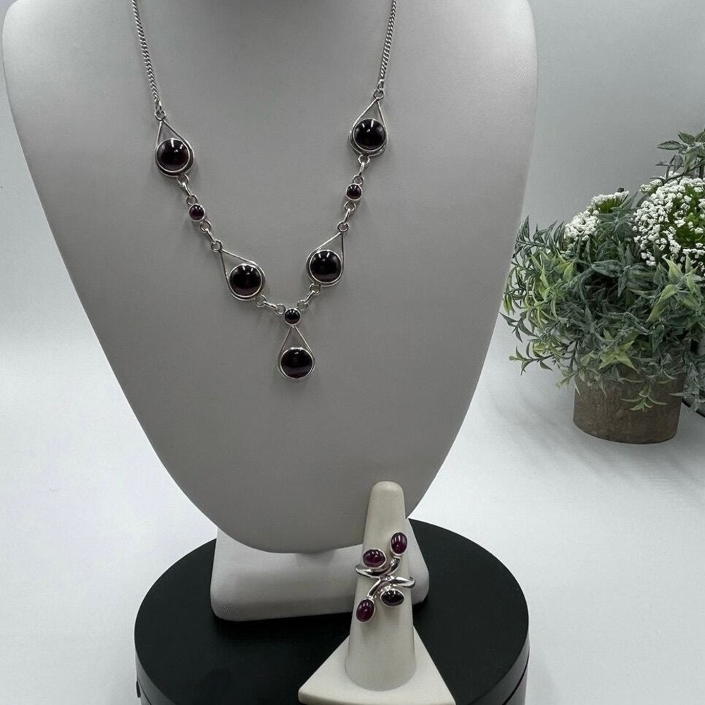 Sterling Silver 925 Semi Precious Stone Garnet Y Necklace Bypass Ring Set Sz 8
